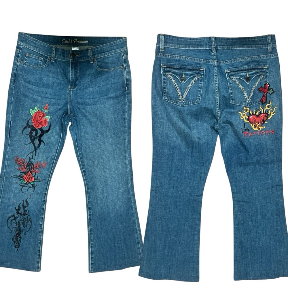 Cache Jeans  SZ 12 Embroidered tattoos hearts, flames, roses tribals. Custom